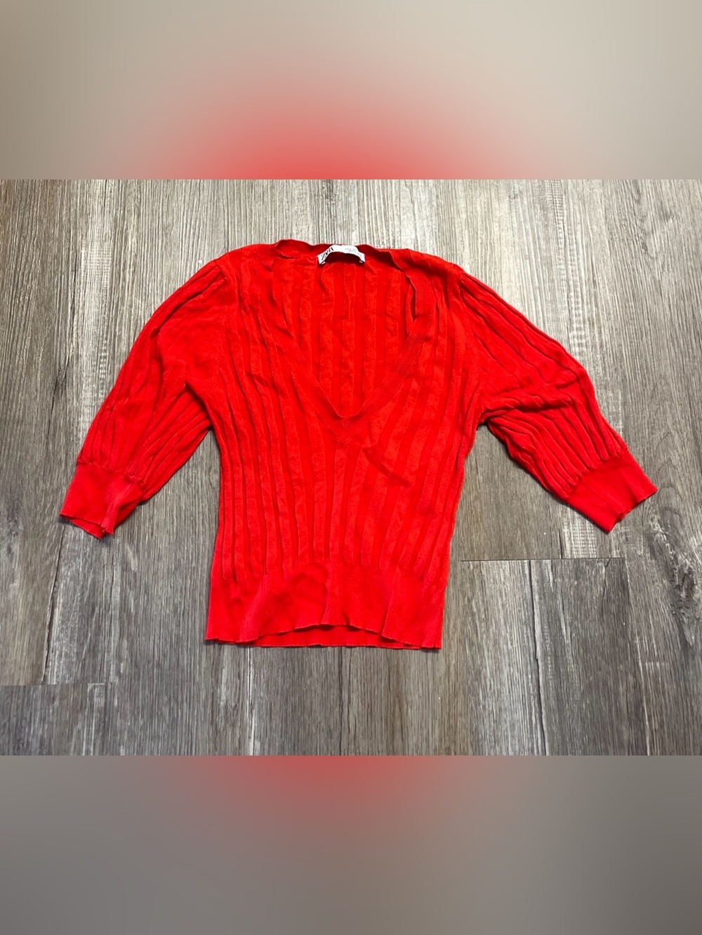 Zara Women’s V Neck Ruched Cropped Quarter Sleeved Red Top Size Small